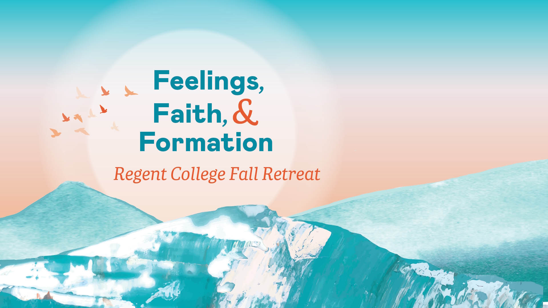 The title Feelings, Faith, and Formation appears over an illustrated mountain landscape in shades of pastel blue and orange.