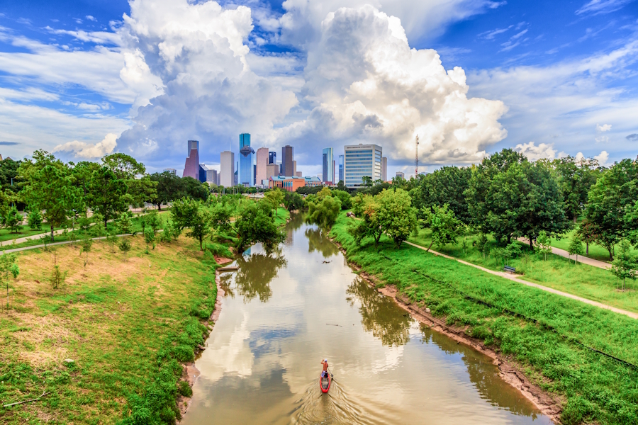 Houston skyline with bayou in the foreground