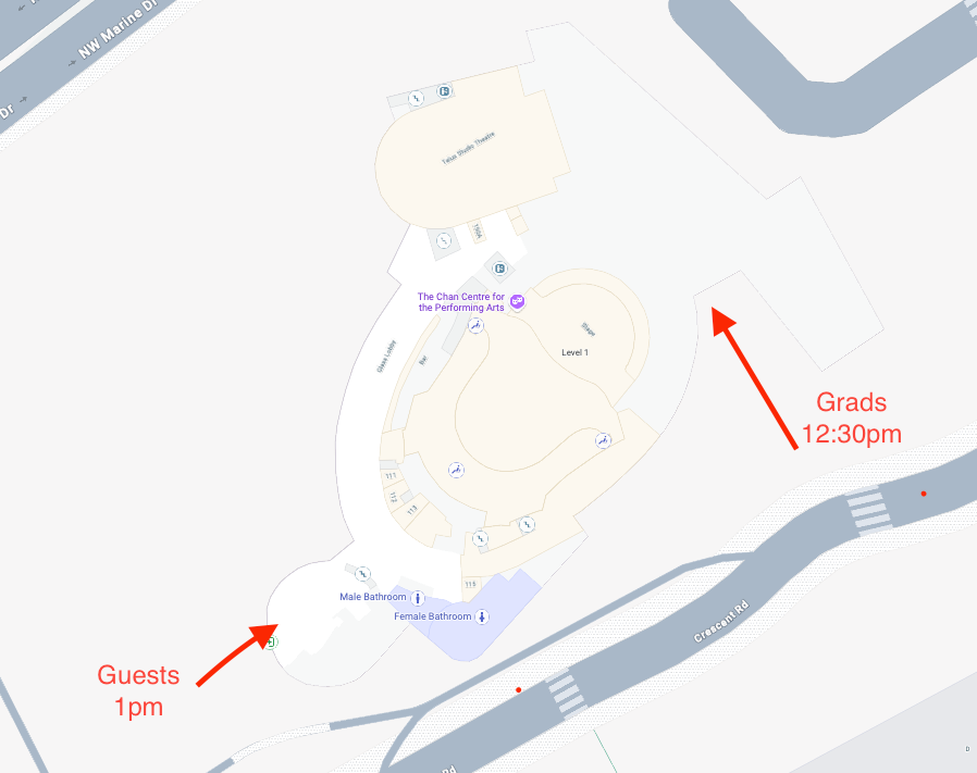 Map of the Chan Centre. Graduates should arrive at 12:30 pm. Guests should enter via the main entrance at 1 pm.