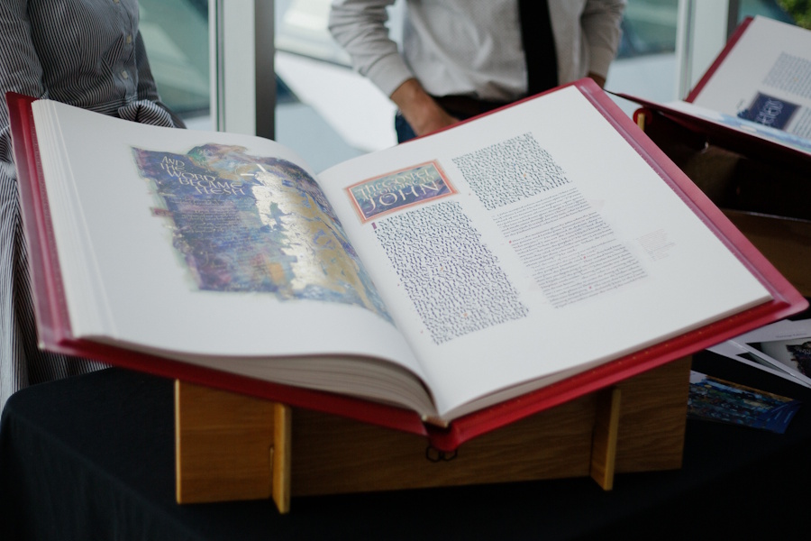 The Saint John's Bible (vol. 6, Gospels & Acts) on display in the Regent College atrium.