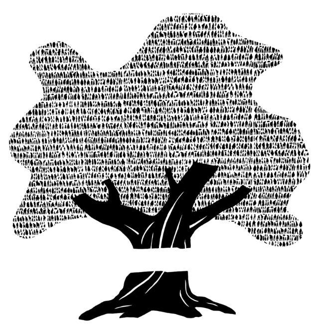 An olive tree painted in black with many small silhouettes of people