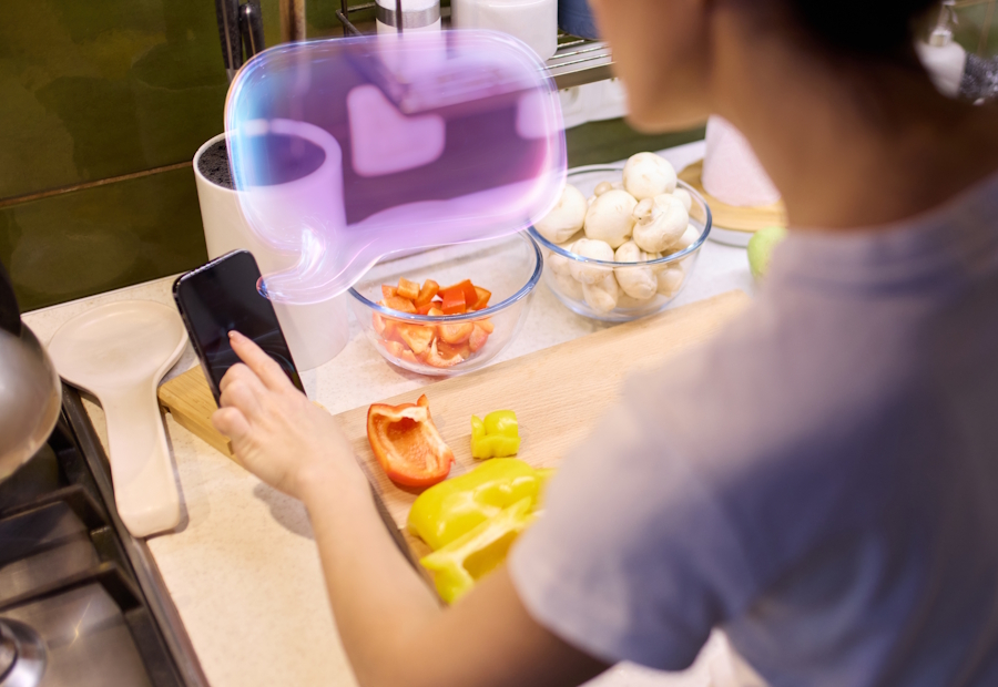 A woman consults her smartphone while chopping vegetables