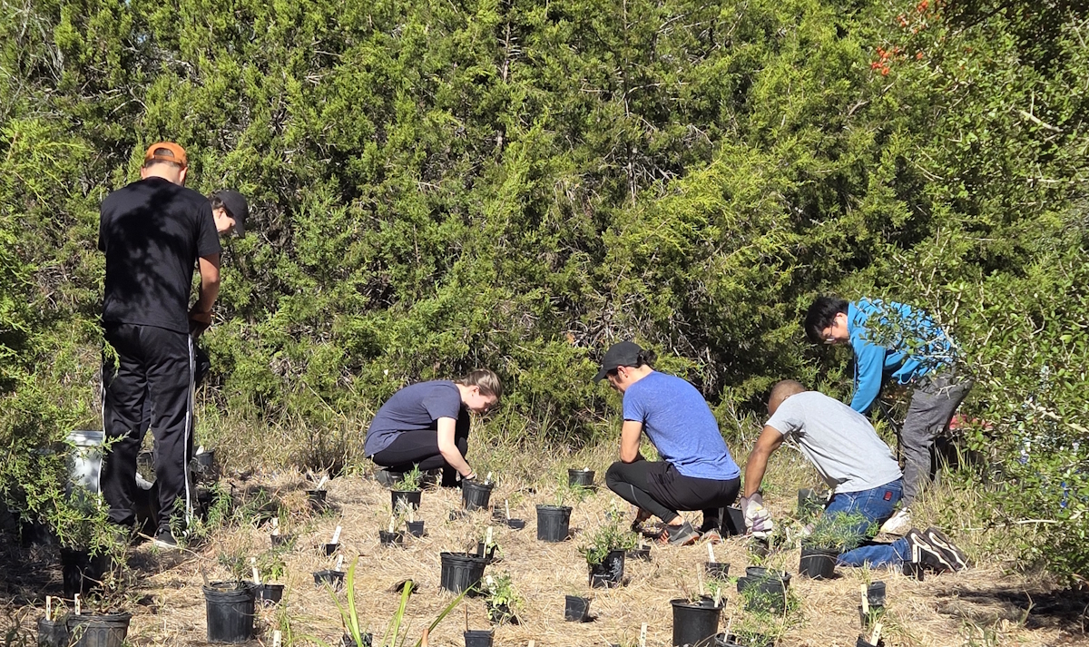 Several young kneel among small pots near the edge of a forest..jpg