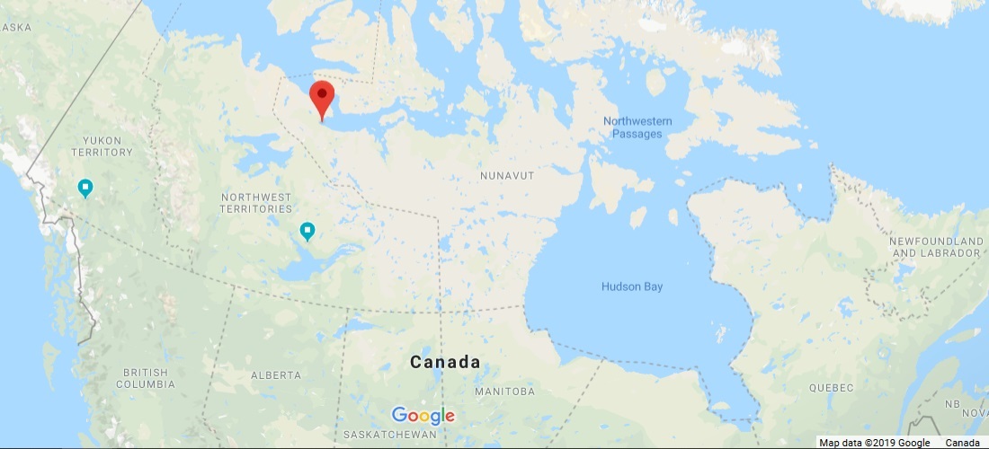Winsome and Christopher lived in Kigluktuk, marked in red. (Whitehorse and Yellowknife marked in blue.)
