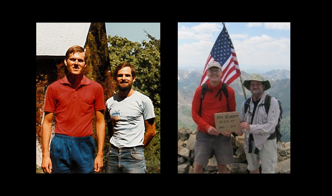 Paul with a friend and fellow alumnus in 1985 and 2017