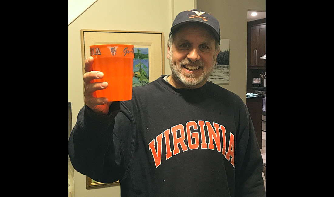 Kris celebrating his other alma mater (University of Virginia) winning its first ever NCAA Basketball Championship. He watched the game with some fellow Regent alumni.