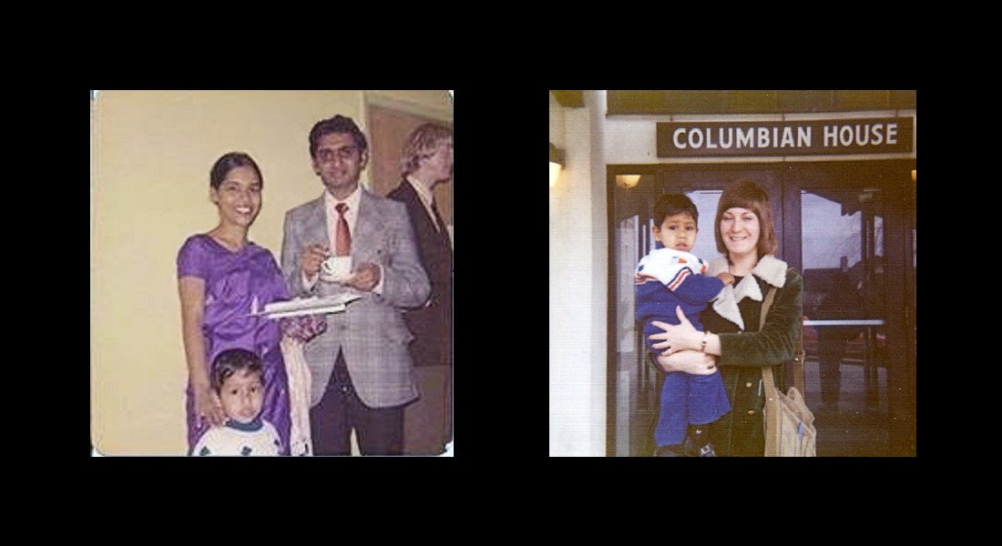 Regent Round 1: Santosh with his parents (left) and the Regent student who babysat him (right)