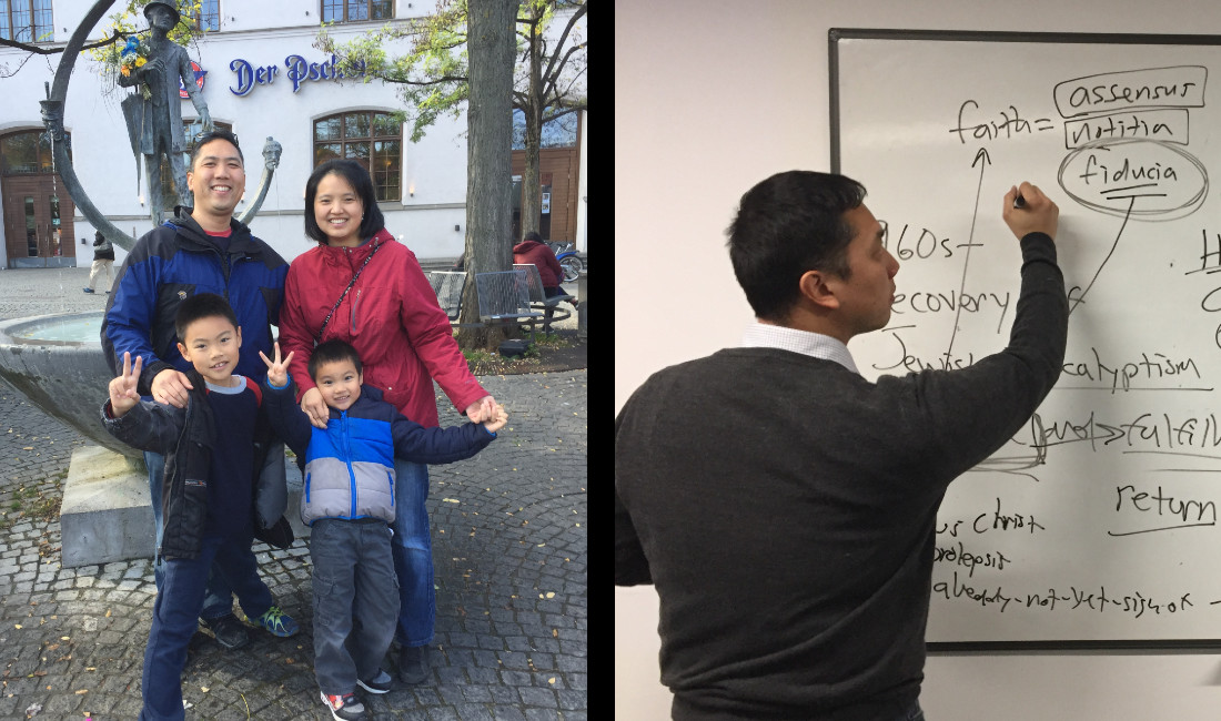 Clement with his family in Munich, Germany (2018), and teaching undergrads at University of Edinburgh